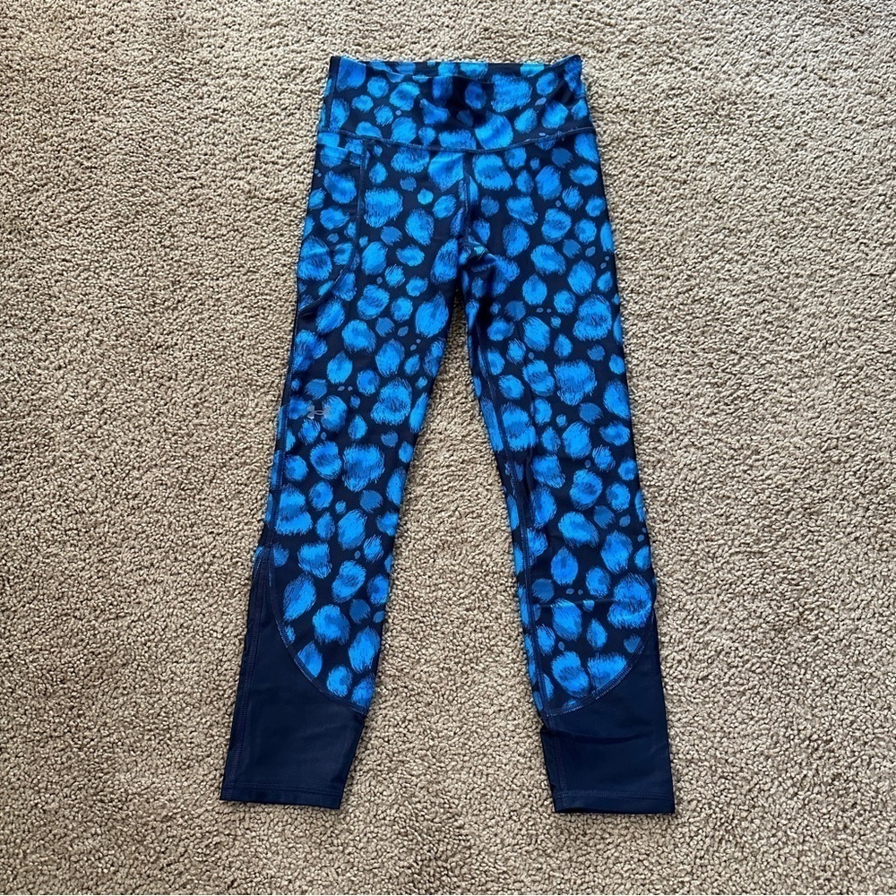 Under Armour Women's HeatGear No-Slip Waistband Blue Print Ankle Leggings sz SP - Picture 6 of 13